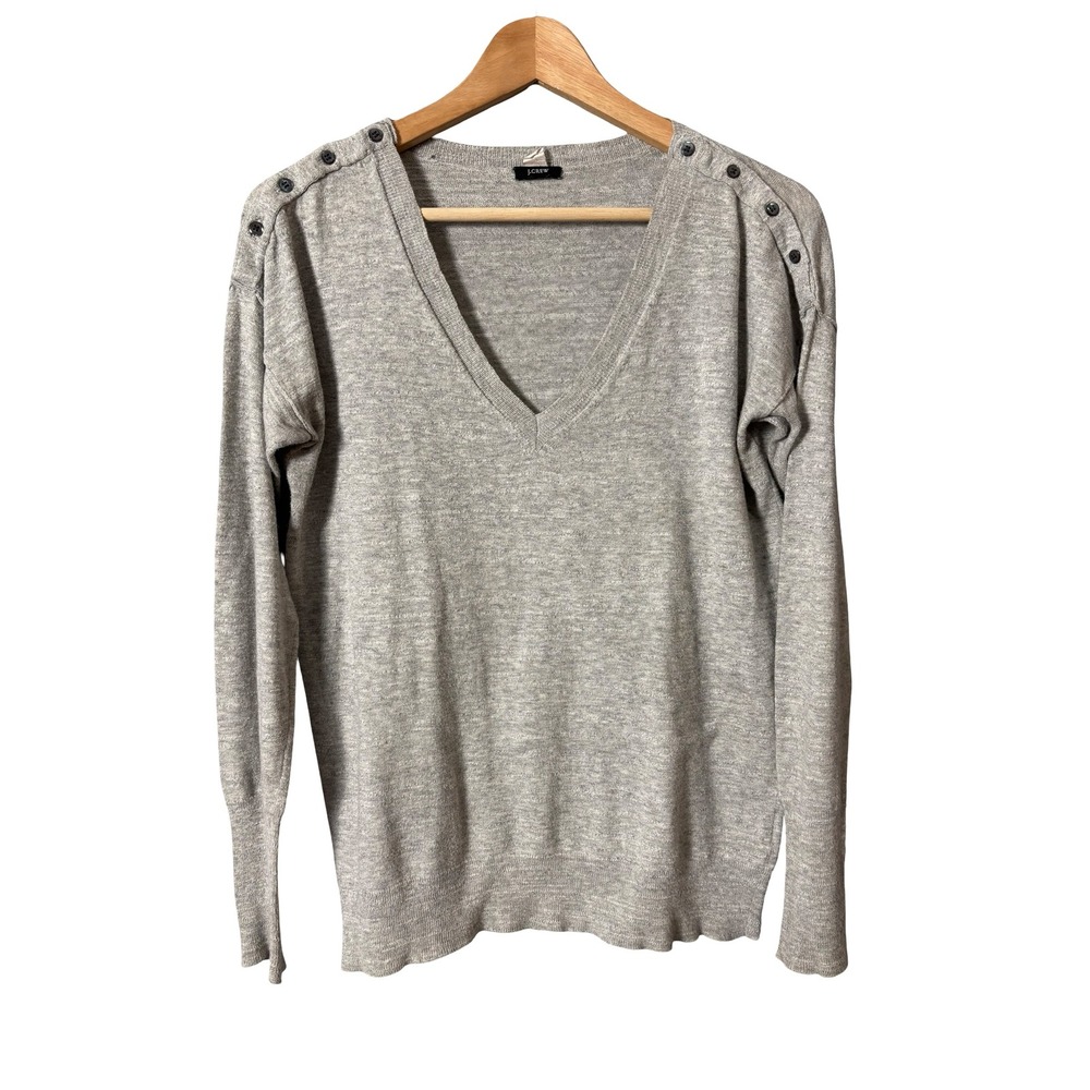 J.Crew Women's S Gray Heather V-Neck Button Shoulder Knit Sweater Preppy